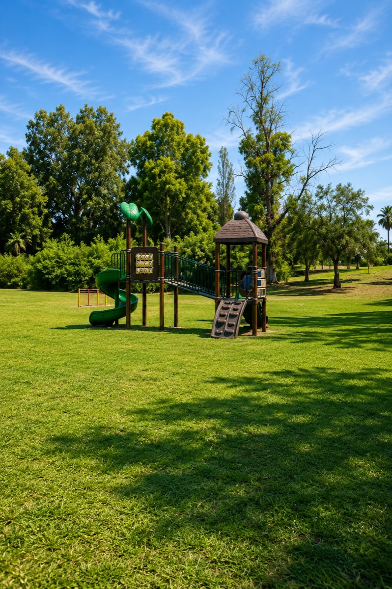 Juegos infantiles rodeados de césped y árboles